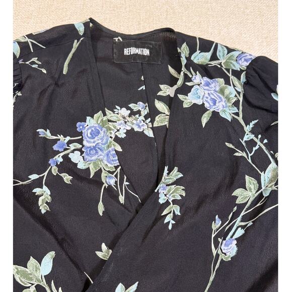 Reformation Women Medium Black Floral Print Long Sleeve Wrap Style Blouse Chic - Picture 6 of 8
